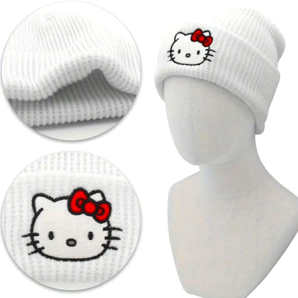 NEW Hello Kitty White Knit Beanie Hat Cap with Red Bow
